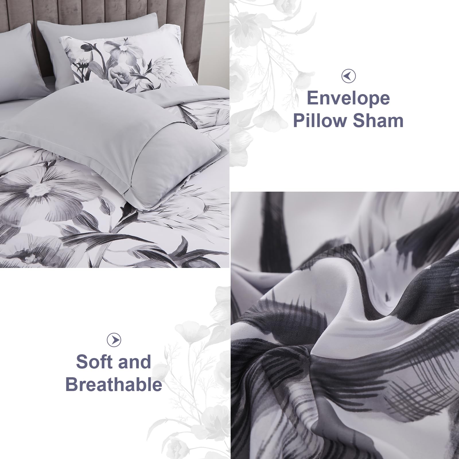 Luxudecor Floral Comforter Set King Size 7 Piece, Black Flower Bed In A Bag, Elegant Ink Comforter Bedding Set For All Season (I