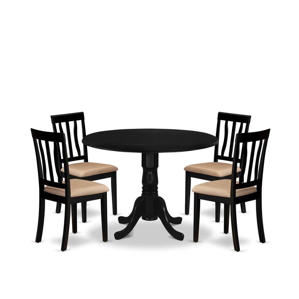 East West Furniture DLAN5-BLK-C 5 Piece Dining Room Table Set Includes a Round Kitchen Table with Dropleaf and 4 Linen Fabric Upholstered Dining Chairs, 42x42 Inch, Black