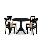 East West Furniture DLAN5-BLK-C 5 Piece Dining Room Table Set Includes a Round Kitchen Table with Dropleaf and 4 Linen Fabric Upholstered Dining Chairs, 42x42 Inch, Black
