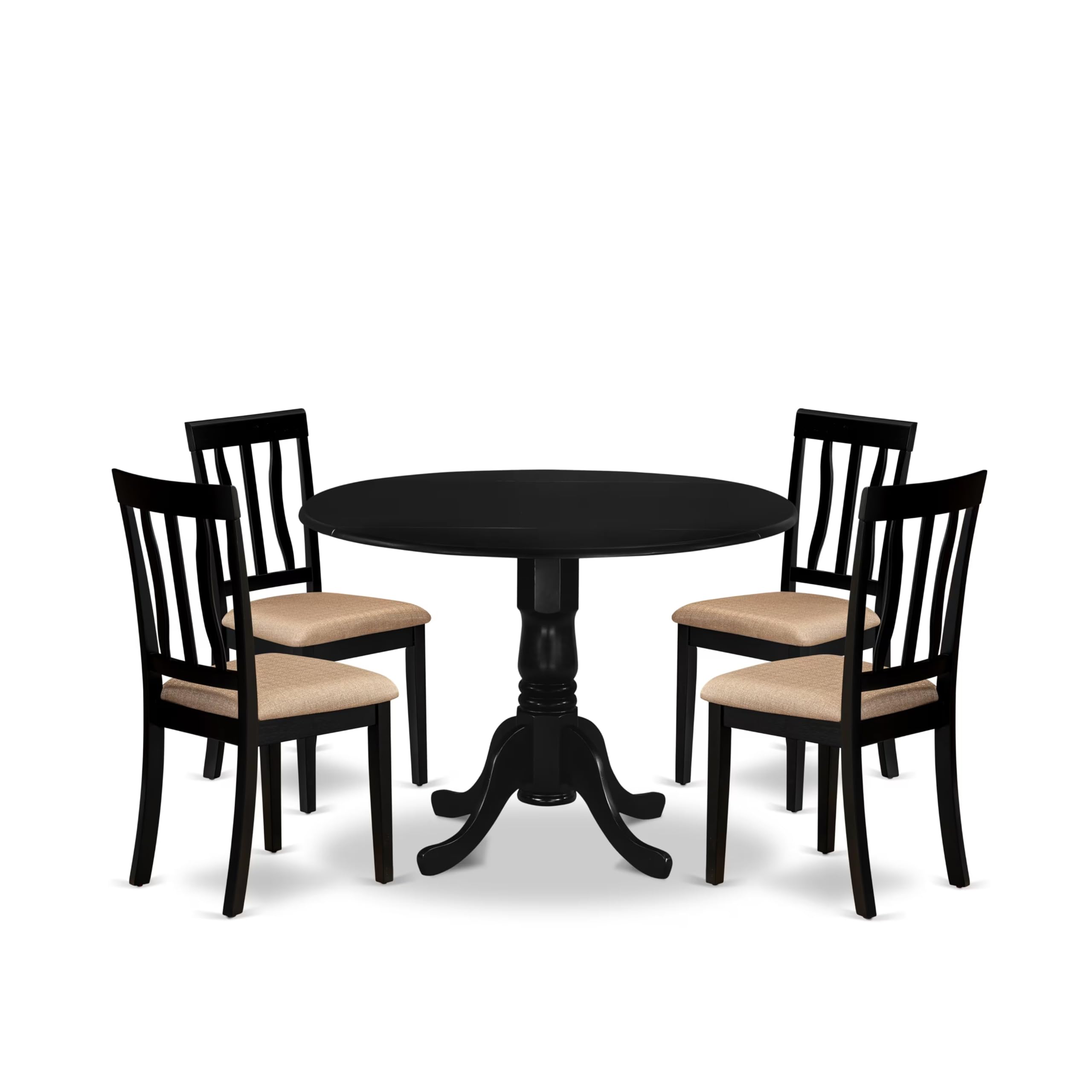 East West Furniture DLAN5-BLK-C 5 Piece Dining Room Table Set Includes a Round Kitchen Table with Dropleaf and 4 Linen Fabric Upholstered Dining Chairs, 42x42 Inch, Black