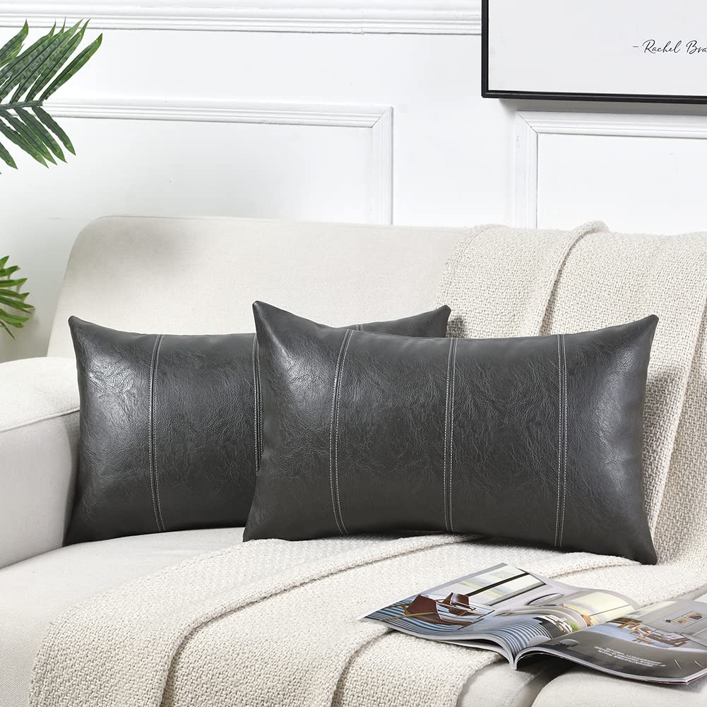 Fancy Homi 2 Packs Dark Gray Lumbar Faux Leather Decorative Throw Pillow Covers 12x20 Inch for Outdoor Couch Bed, Modern Farmhou