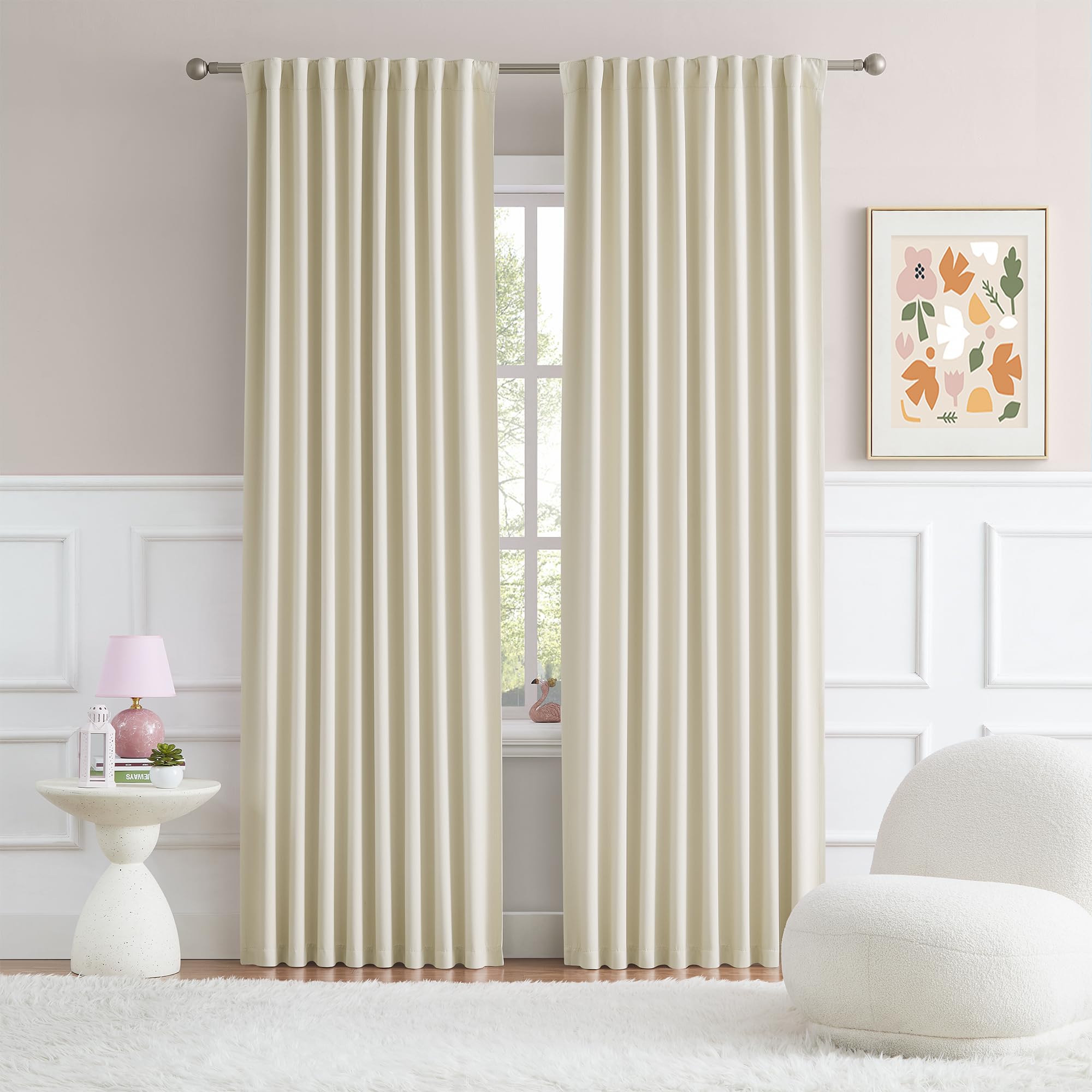 DUALIFE Buttercream Beige Curtains 63 Inch Length 2 Panels Set Room Darkening Window Drapes for Bedroom 52 x 63 Inches Long Back