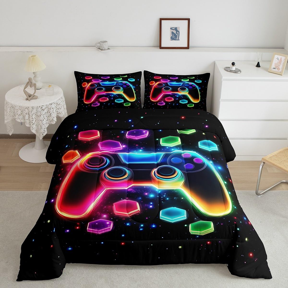 Game Consoles Kids Boys Reversible Comforter Set Queen Size,Gaming Bedding Sets Gamer Room Decor Gifts Galaxy 3D Neon Honeycomb