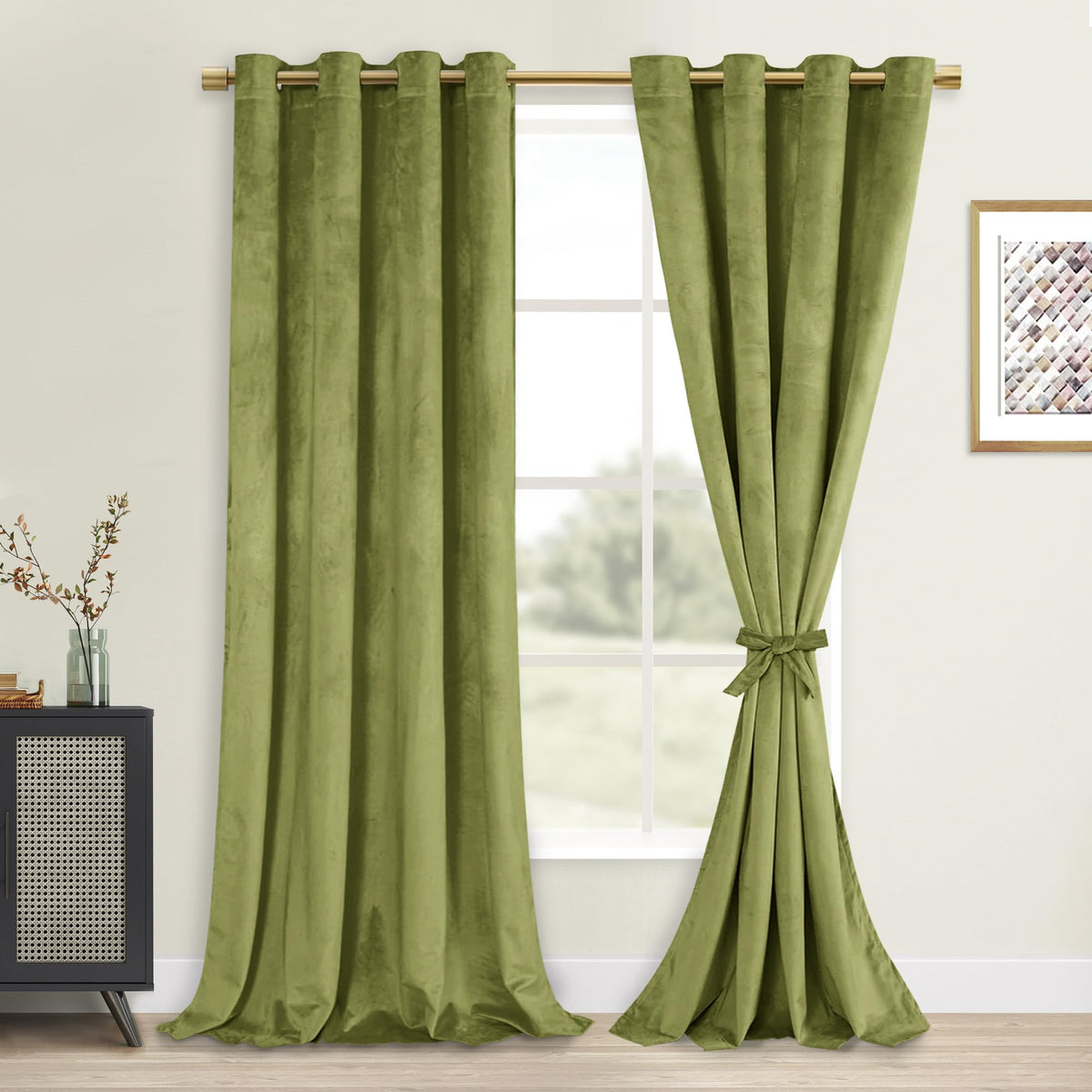 Dwcn Moss Green Velvet Curtains 84 Inches With Tiebacks - Elegant Sunlight Blocking Curtains For Living Room Thermal Insulated W