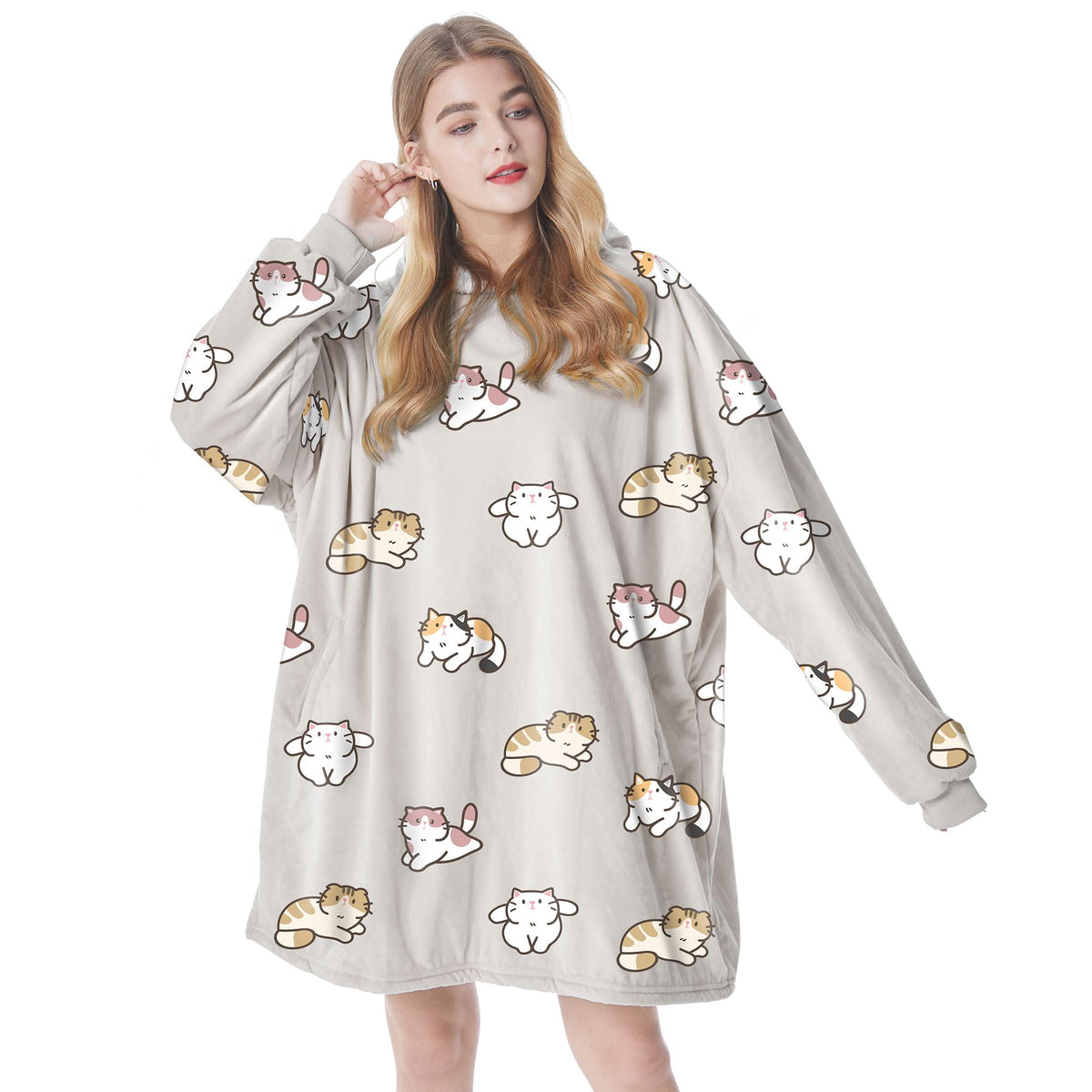 Felicigeely Oversized Wearable Blanket Hoodie, Blanket Sweatshirt For Adults Women Men Warm Cozy Cute Cat Pattern Hooded Blanket