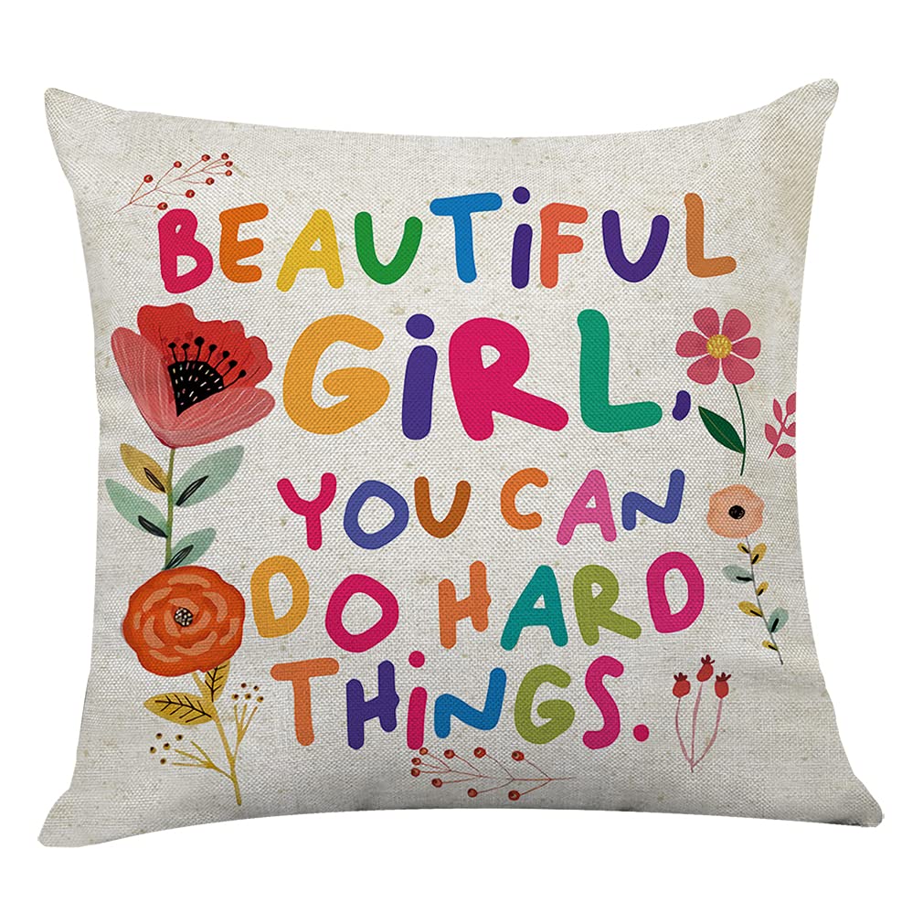 Littlefa Cute Inspiring Throw Pillow Cover-Beautiful Girl You Can Do Hard Things Colour Flowers Decorative Pillowcase For Girls