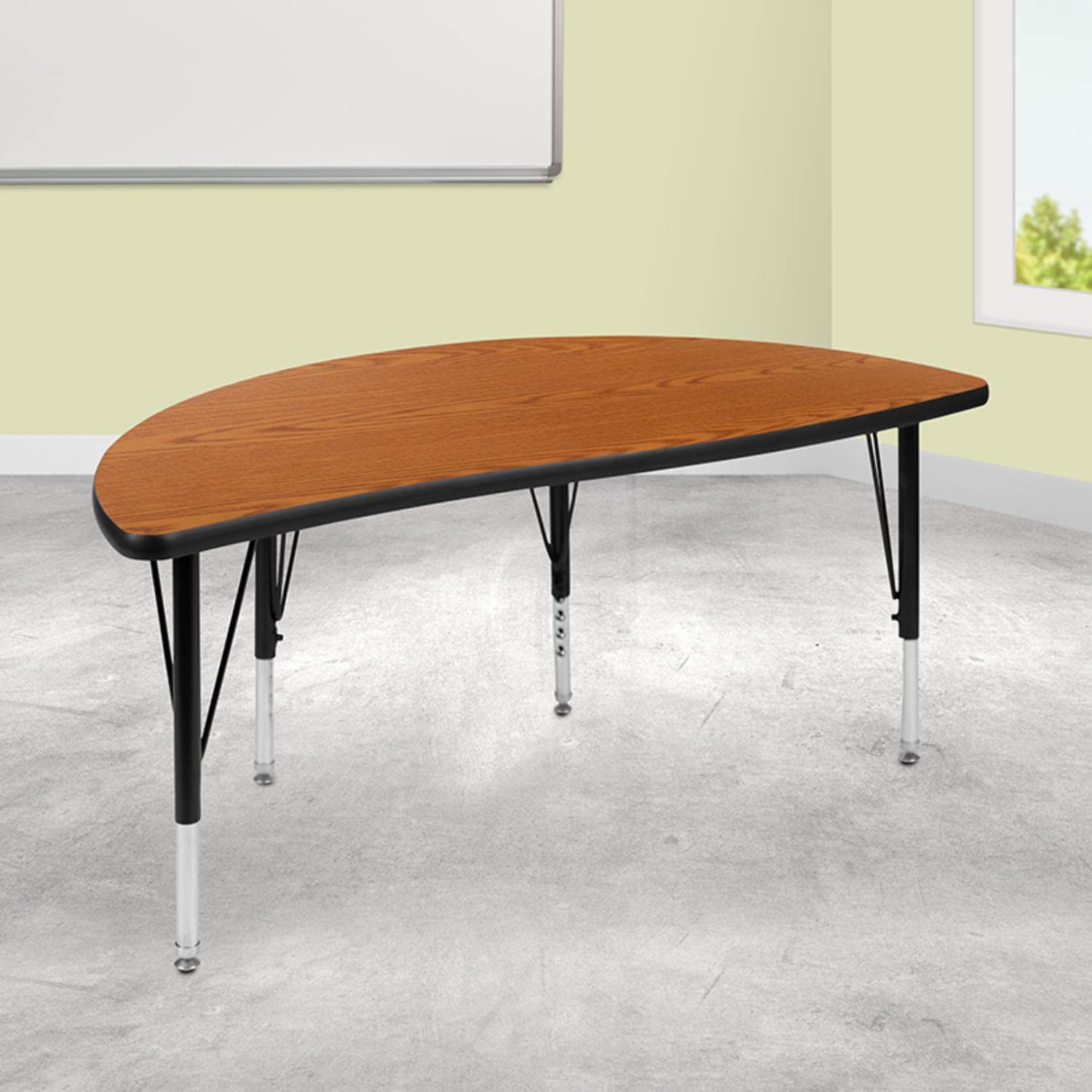 Flash Furniture 47.5' Half Circle Wave Collaborative Oak Thermal Laminate Activity Table - Height Adjustable Short Legs
