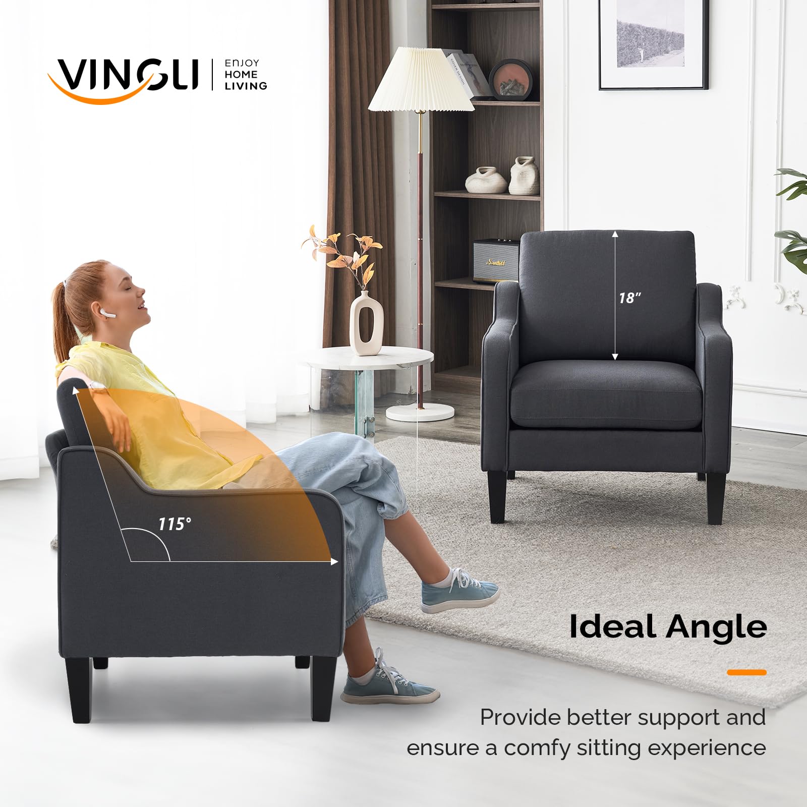 Vingli Accent Chairs For Living Room Chairs Mid Century Modern Chair Sofa Chair Upholstered Arm Chair With Scooped Arms For Bedroom, Apartment, Office, Studio, Waiting Room, Play Room
