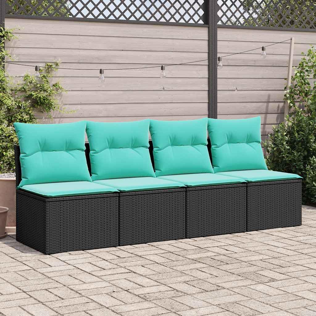 vidalXL 4 Piece Patio Sofa Set - Black Poly Rattan with Blue Cushions, Storage Function, Modular Design, for Outdoor Garden Terrace