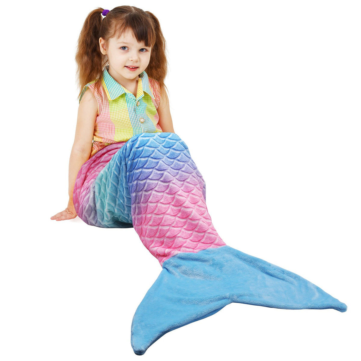 Catalonia Kids Mermaid Tail Blanket, Super Soft Plush Flannel Sleeping Snuggle Blanket For Girls, Rainbow Ombre, Fish Scale Patt