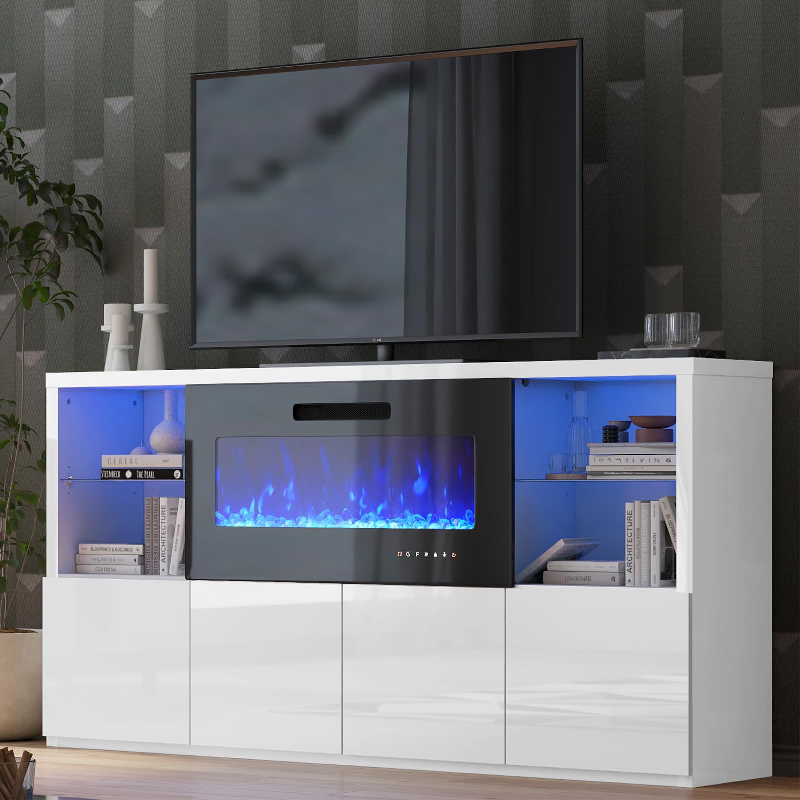 AMERLIFE 68 Fireplace TV Stand with 40 Fireplace, Modern High Gloss Fireplace Entertainment Center with LED Lights for TVs u