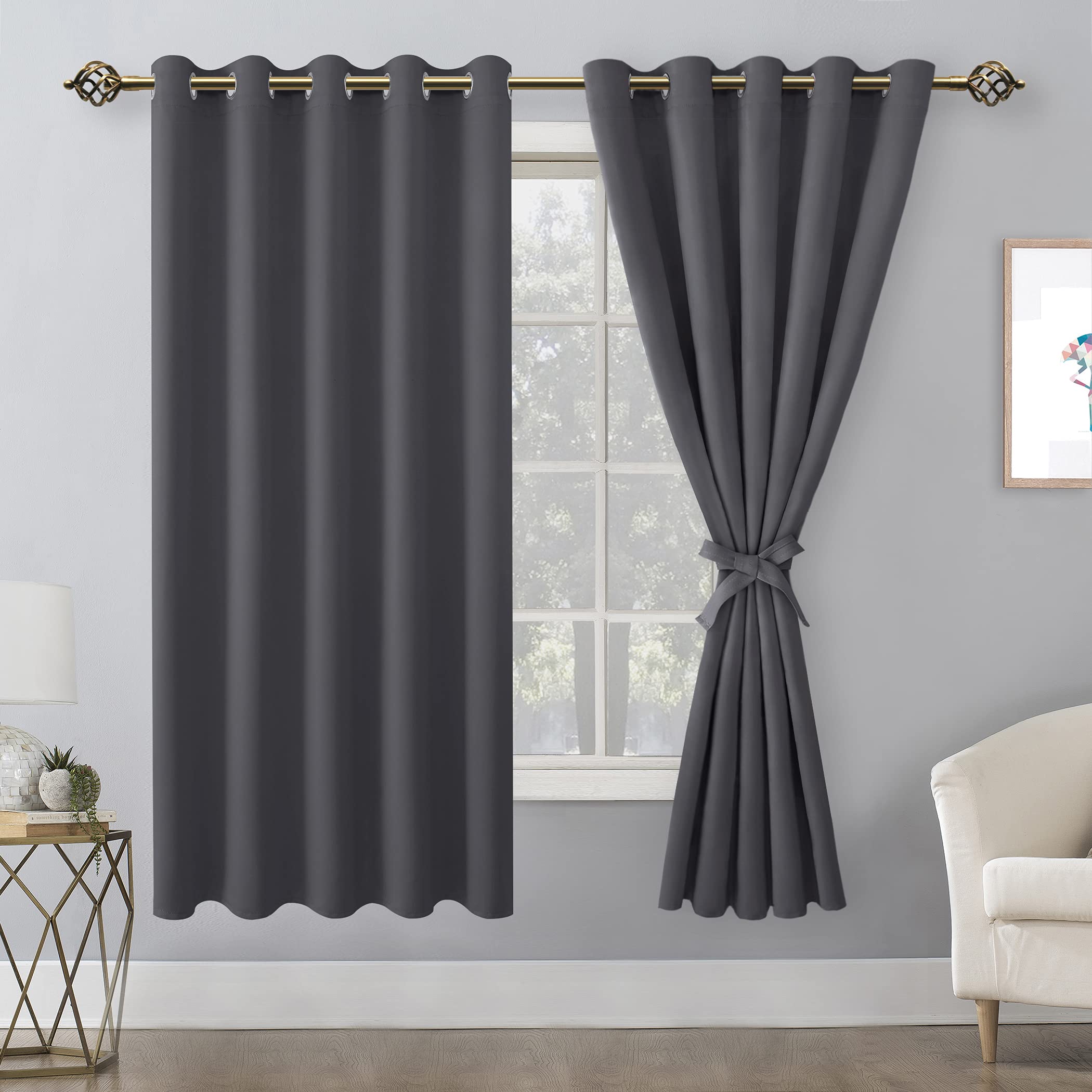 Hiasan Grommet Blackout Curtains For Bedroom, 60 X 72 Inches - Thermal Insulated & Light Blocking Window Drapes For Living Room/Dorm Room, Set Of 2 Panels Sewn With Tiebacks, Dark Grey