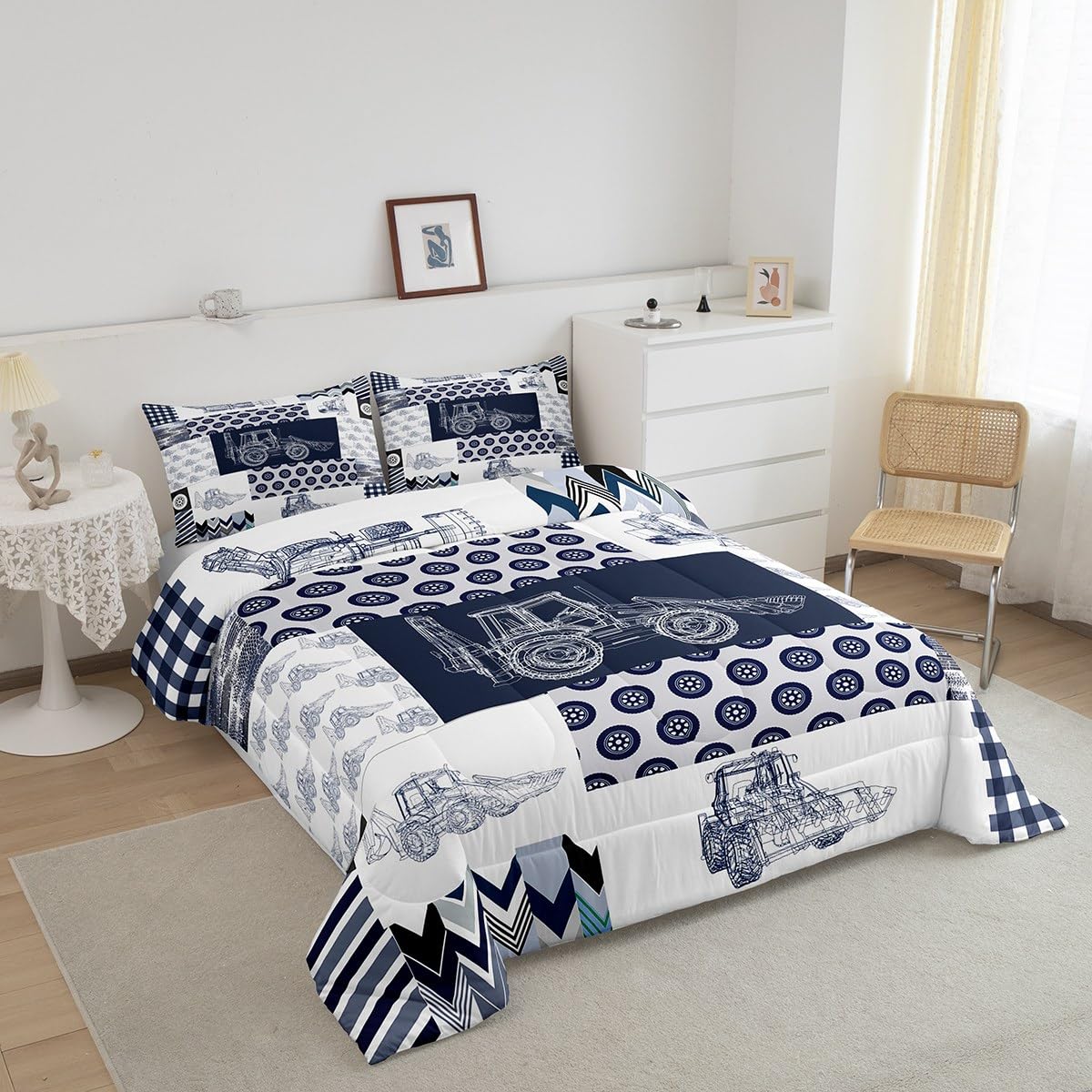 Kids Construction Comforter Set Full Size Equipment Trucks Bedding Set For Boys Cartoon Car Excavator Tractor Comforter Construc