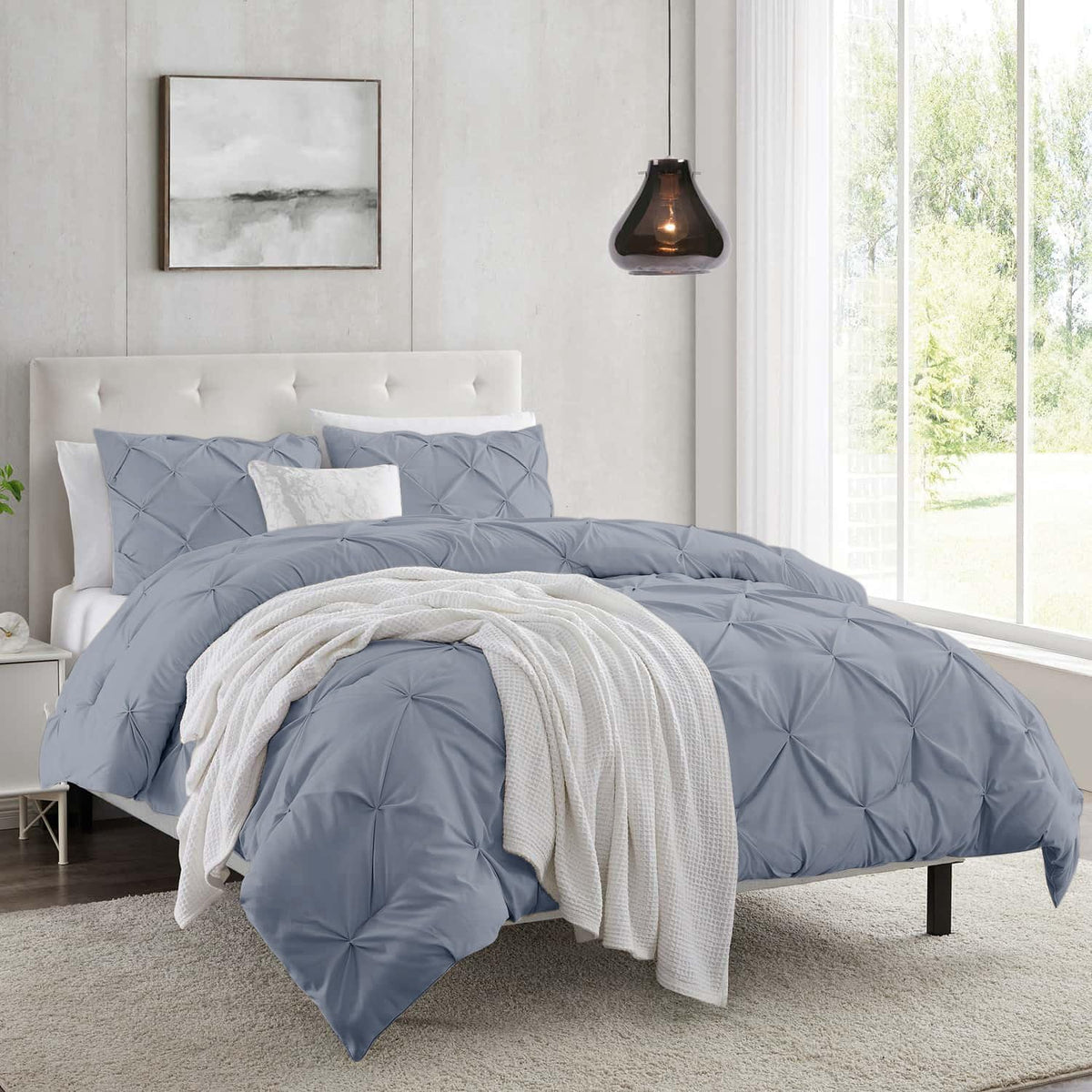 Nestl Twin Duvet Cover Set Pintuck - Double Brushed Ice Blue Duvet Cover Twin 2 Piece With Button Closure, 1 Pinch Pleated Twin