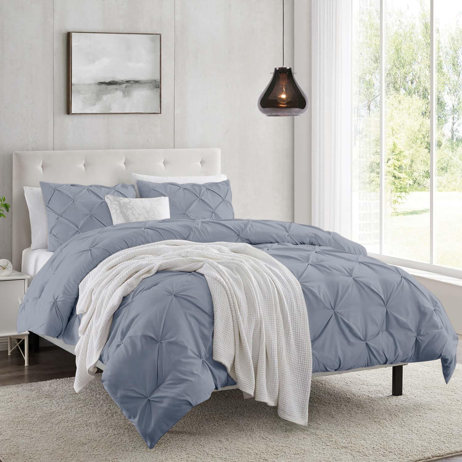 Nestl Ice Blue Duvet Cover Full Size - Pintuck Full Size Duvet Cover Set, 3 Piece Double Brushed Duvet Cover With Button Closure