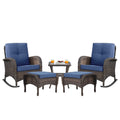 Belord Patio Rocking Chairs Furniture Set - 5 Piece Outdoor Wicker Furniture Sets With Ottomans, Small Patio Conversation Sets With Wicker Rocking Chairs Brown/Blue