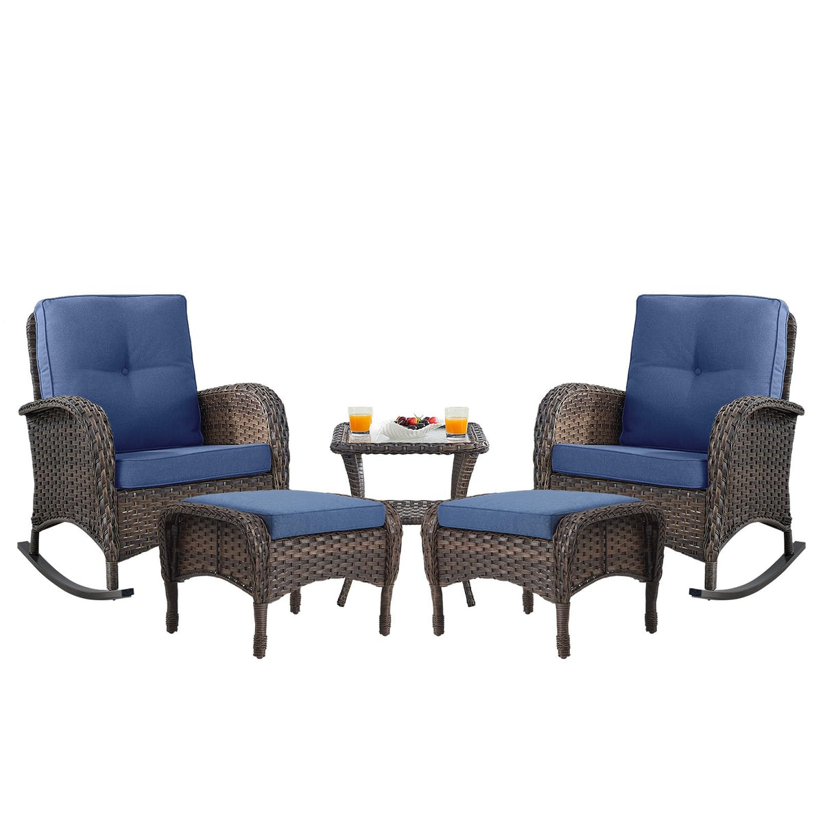 Belord Patio Rocking Chairs Furniture Set - 5 Piece Outdoor Wicker Furniture Sets With Ottomans, Small Patio Conversation Sets With Wicker Rocking Chairs Brown/Blue