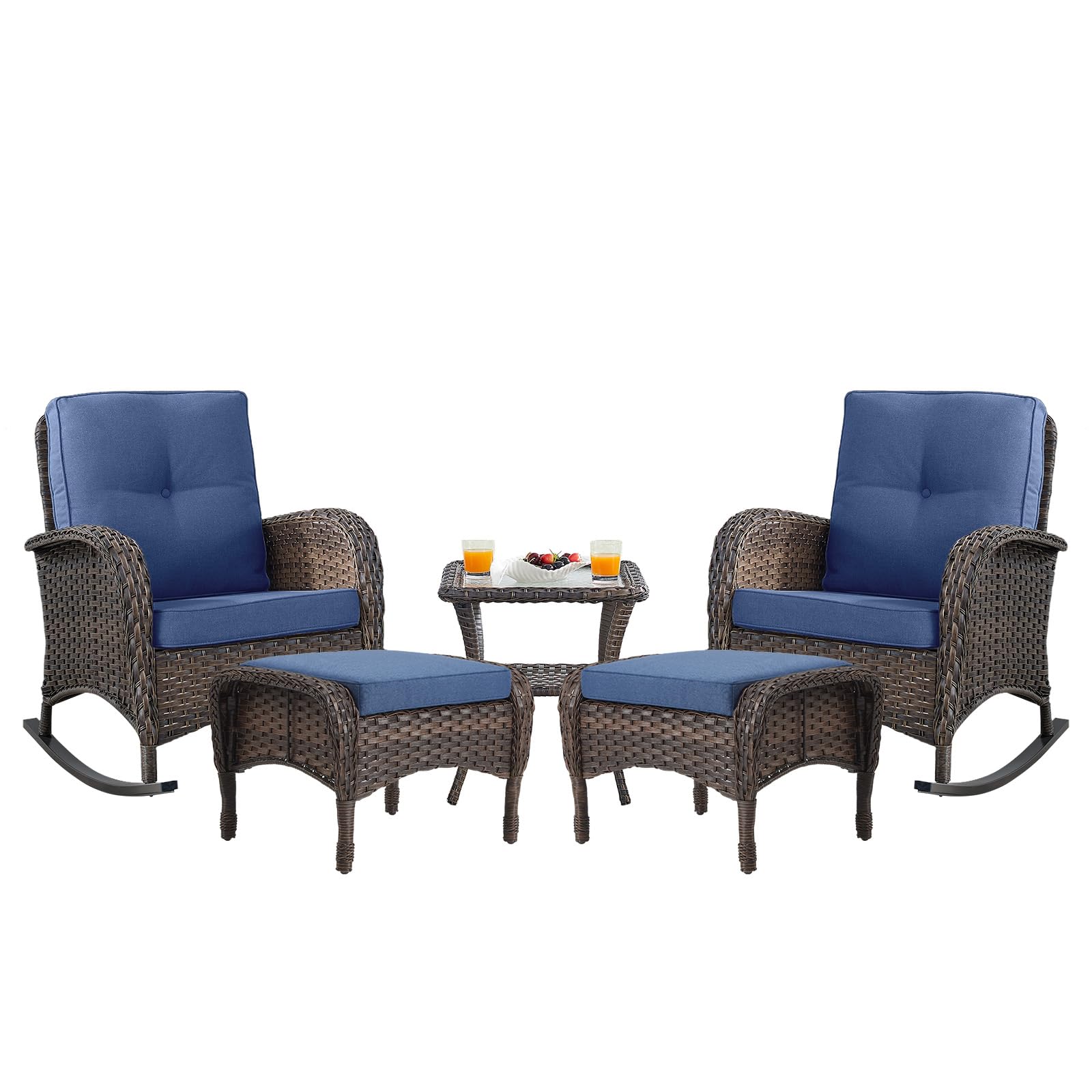 Belord Patio Rocking Chairs Furniture Set - 5 Piece Outdoor Wicker Furniture Sets With Ottomans, Small Patio Conversation Sets With Wicker Rocking Chairs Brown/Blue