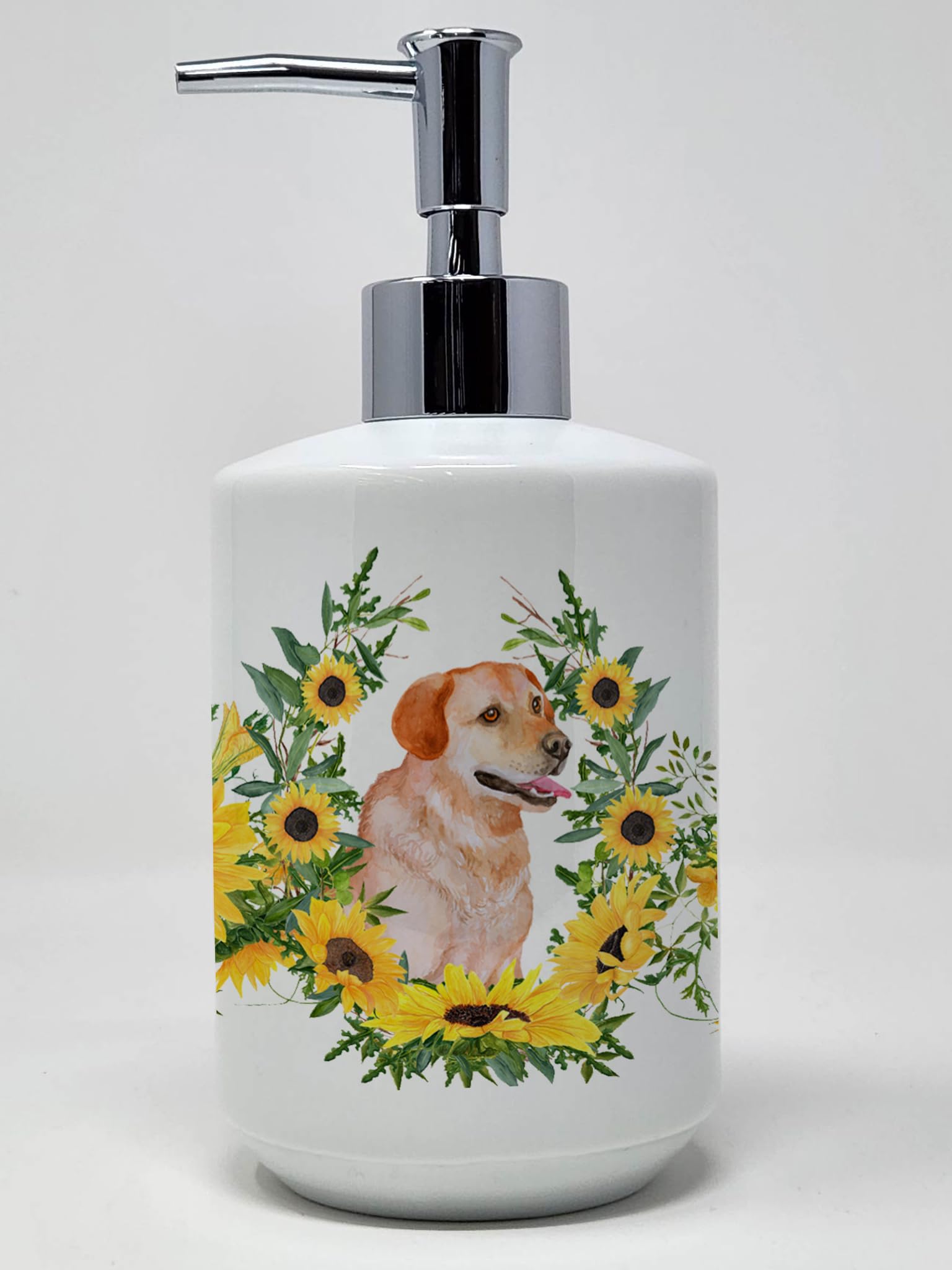 Caroline's Treasures CK2906SOAP Labrador Retriever in Sunflowers Ceramic Soap Dispenser Hand Soap Dispenser Pump Bottles for Bat