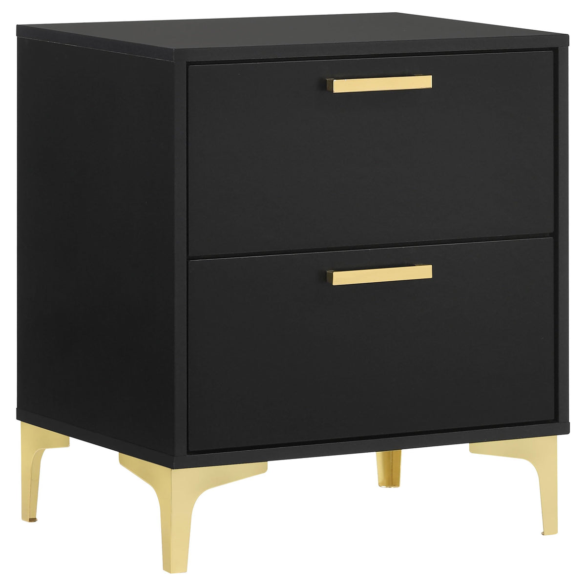 Coaster Home Furnishings Kendall 2-Drawer Contemporary Nightstand Bedroom Storage Cabinet Bedside Table Engineered Wood Eco-Friendly Laminate with Gold Metal Legs and Handles Black 224452