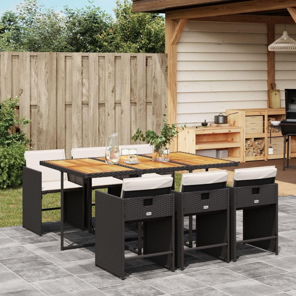 vidaXL 7 Piece Patio Dining Set - Black Poly Rattan Furniture with Cushions, Acacia Wood Tablet, for Garden, Backyard, and Patio (242.5 lb Capacity Per Seat)