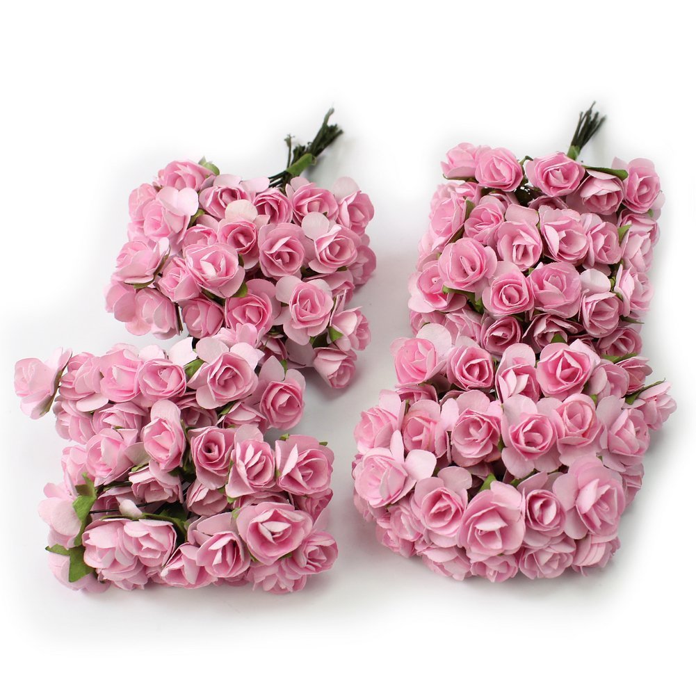 SeaISee 144pc Beautiful Artificial Paper Rose Flower Wedding Card Embellishment, Pink