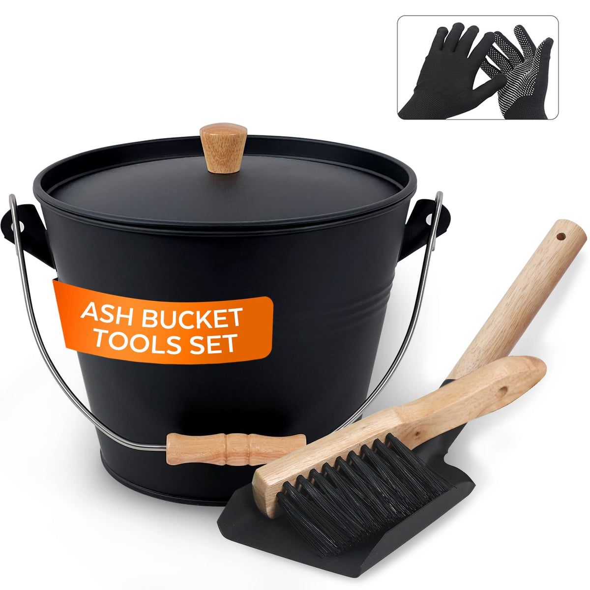 KEFIY Small Ash Bucket with Lid and Shovel, Metal Fireplace Ash Bucket with Broom, Complete Fireplace Tools Set for Wood Stove a