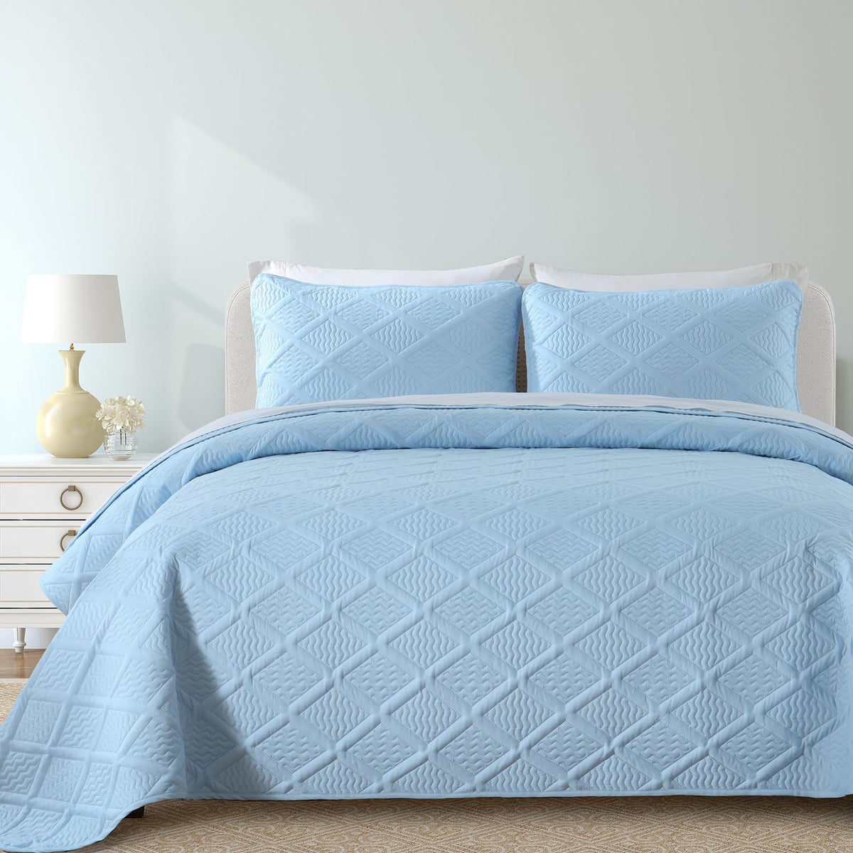 Yiran Ash Blue Quilt Set Queen Size, 3 Piece Reversible Bedspreads Bedding Set, Fall Diamond Pattern Coverlet for All Season wit