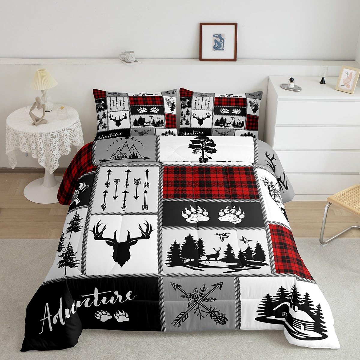 Deer Antlers Comforter Set Queen Size,Bear Paws Pine Trees Xmas Bedding Set For Kids Boys Girls Adults Room Decor,Lattices Patch