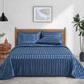 P Pothuiny 6 Pieces Satin Sheets Striped Printed, Flint Blue Satin Bed Sheets Luxury Silky Queen Size Bedding Set, 1 Satin Fitte