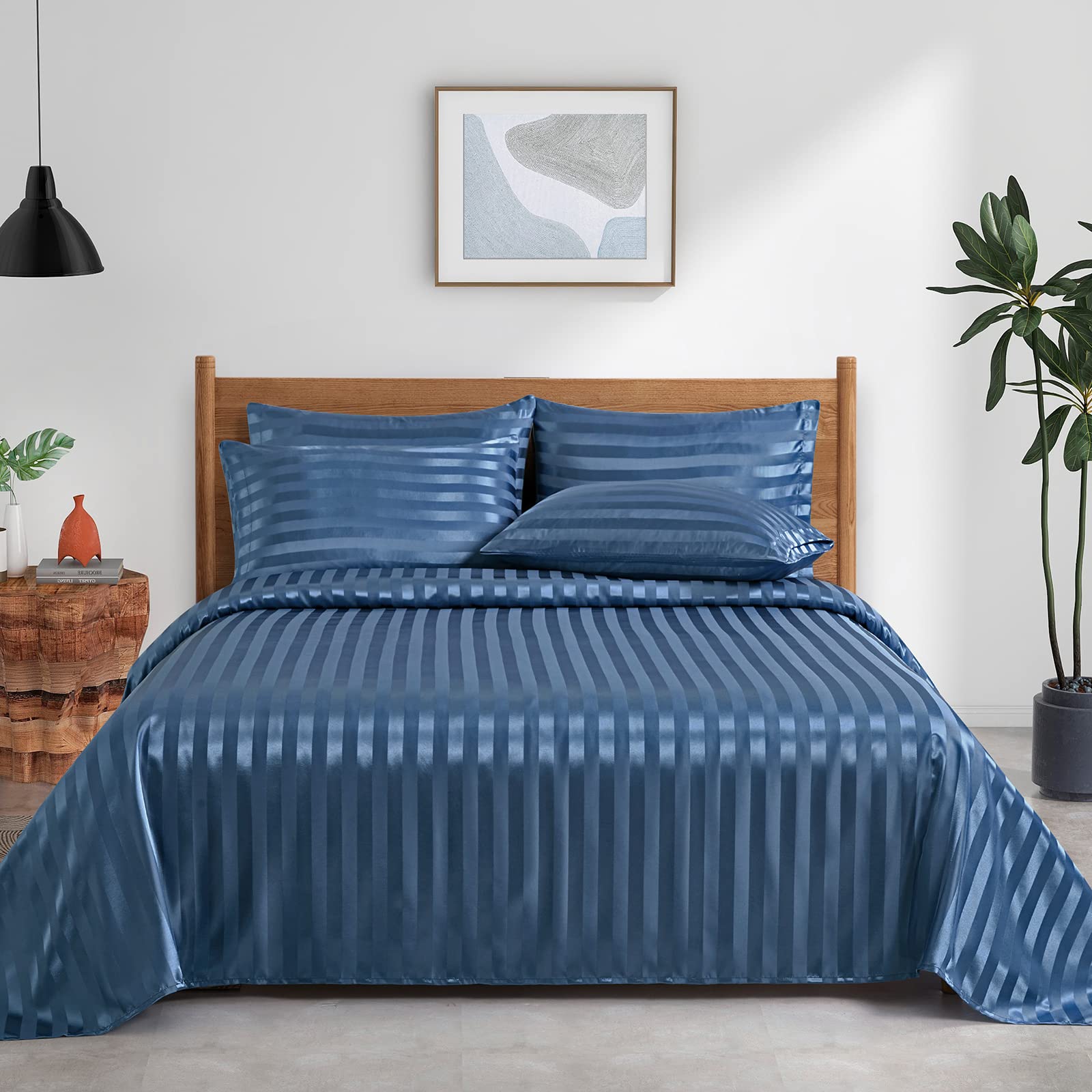 P Pothuiny 6 Pieces Satin Sheets Striped Printed, Flint Blue Satin Bed Sheets Luxury Silky Queen Size Bedding Set, 1 Satin Fitte