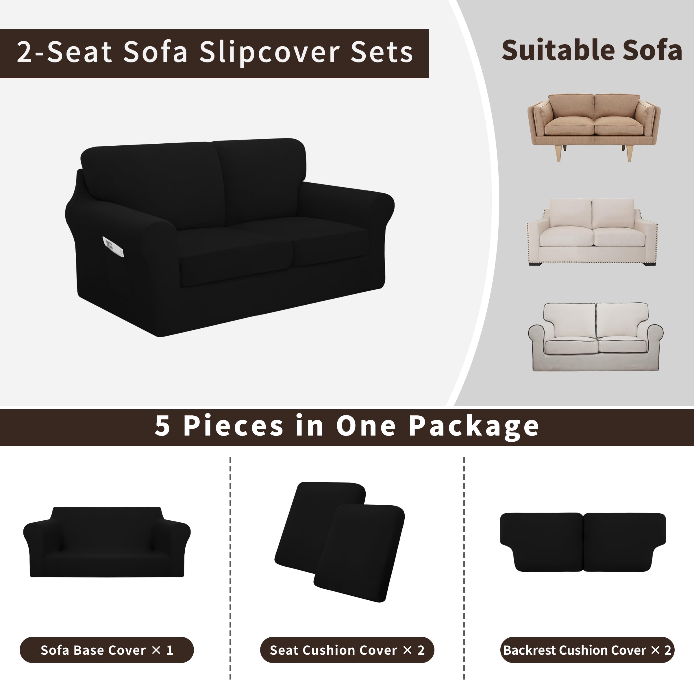 Easy-Going 5 Pieces Stretch Loveseat Cover Washable Loveseat Slipcover Set For 2 Backrest And Seat Cushion Couch Anti-Slip Sofa