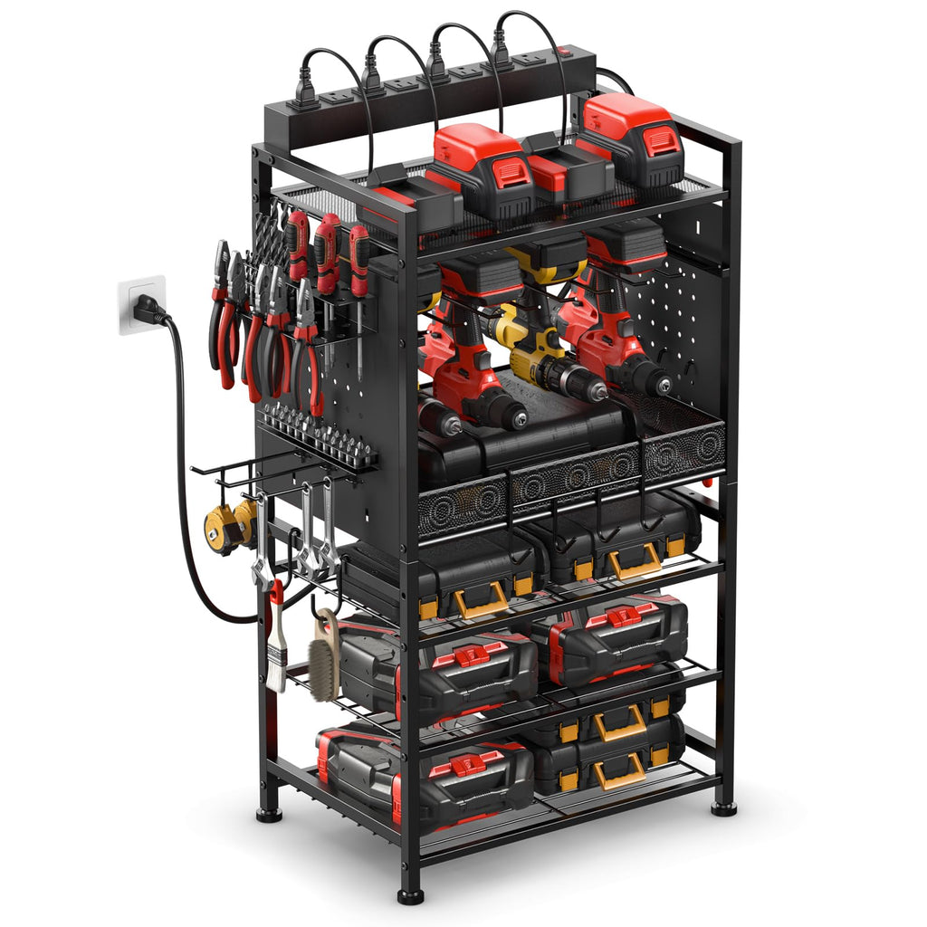 Junnuj Power Tool Organizer Floor Stand With Charging Station, Garage Adjustable Storage Rack Utility Tool Shelf With 8 Outlet Power Strip, Heavy Duty Drill And Battery Holder, Black