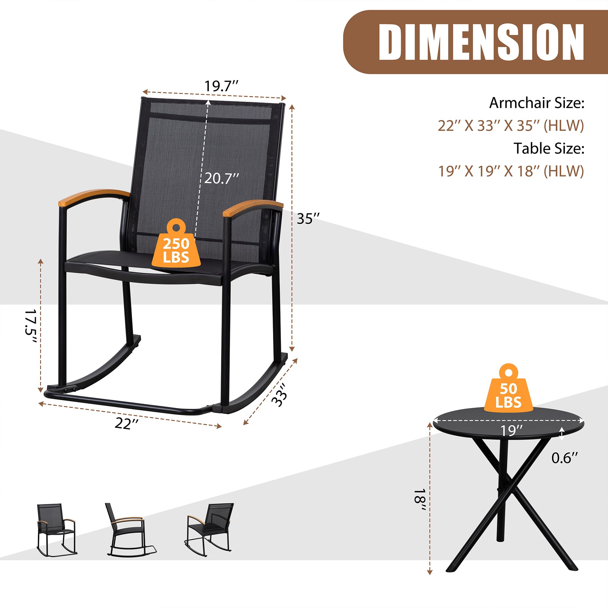 Shintenchi 3 Piece Outdoor Rocking Bistro Set, Textilene Fabric Small Patio Furniture Set, Front Porch Rocker Chairs Conversation Set With Table For Lawn, Garden, Balcony, Poolside (Black)