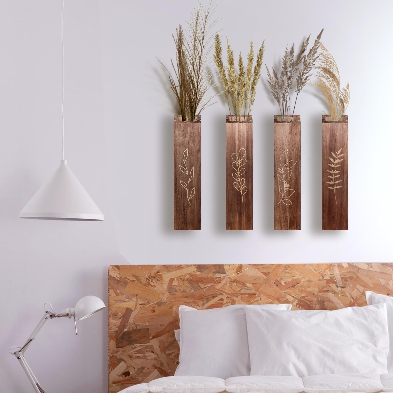 4 Pack Wood Indoor Wall Planter, Modern Wall Decor For Living Room Bedroom, Farmhouse Pocket Wall Vases For Dried Flowers And Fa