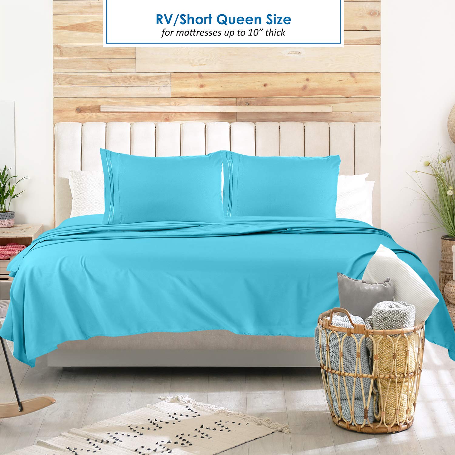 Nestl Beach Blue Rv Queen Sheets – Super Soft Rv Short Queen Sheets For Rv Camper, 6 Piece 1800 Microfiber Fitted Rv Sheets, Double Brushed Rv Bed Sheets Set, Camper Sheets And Pillowcases