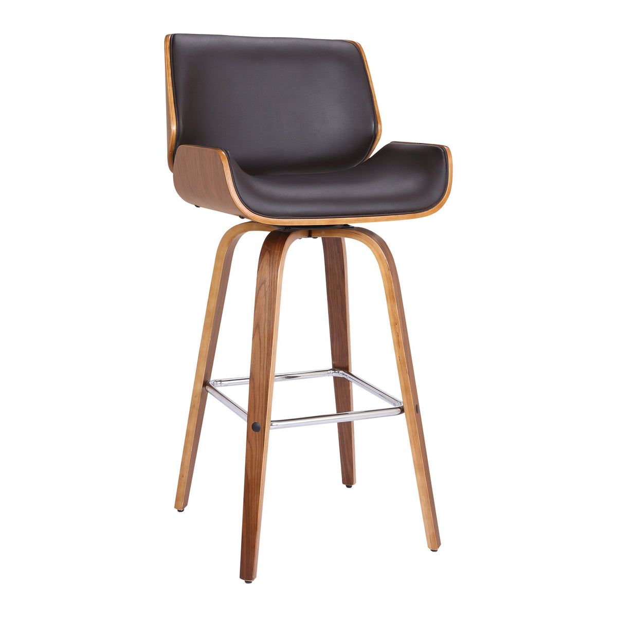 Armen Living Tyler Mid Century Modern Swivel Bar Stool for Kitchen Island Counter in Brown Faux Leather and Walnut Wood, 26&quot; Seat Height