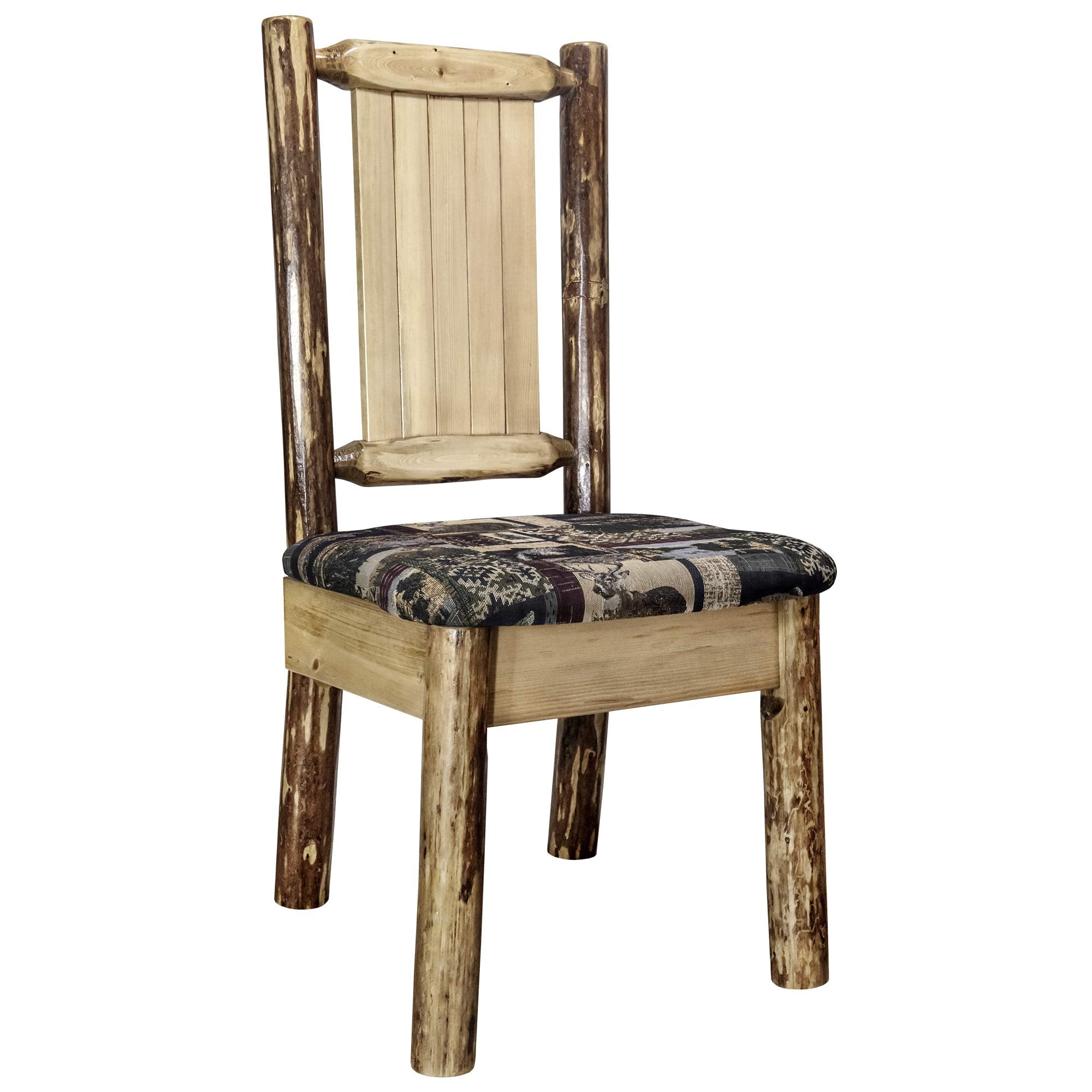 Montana Woodworks Glacier Country Collection Side Upholstered Chair, Woodland Pattern with Laser Engraved Bronc Design, Stained and Lacquered