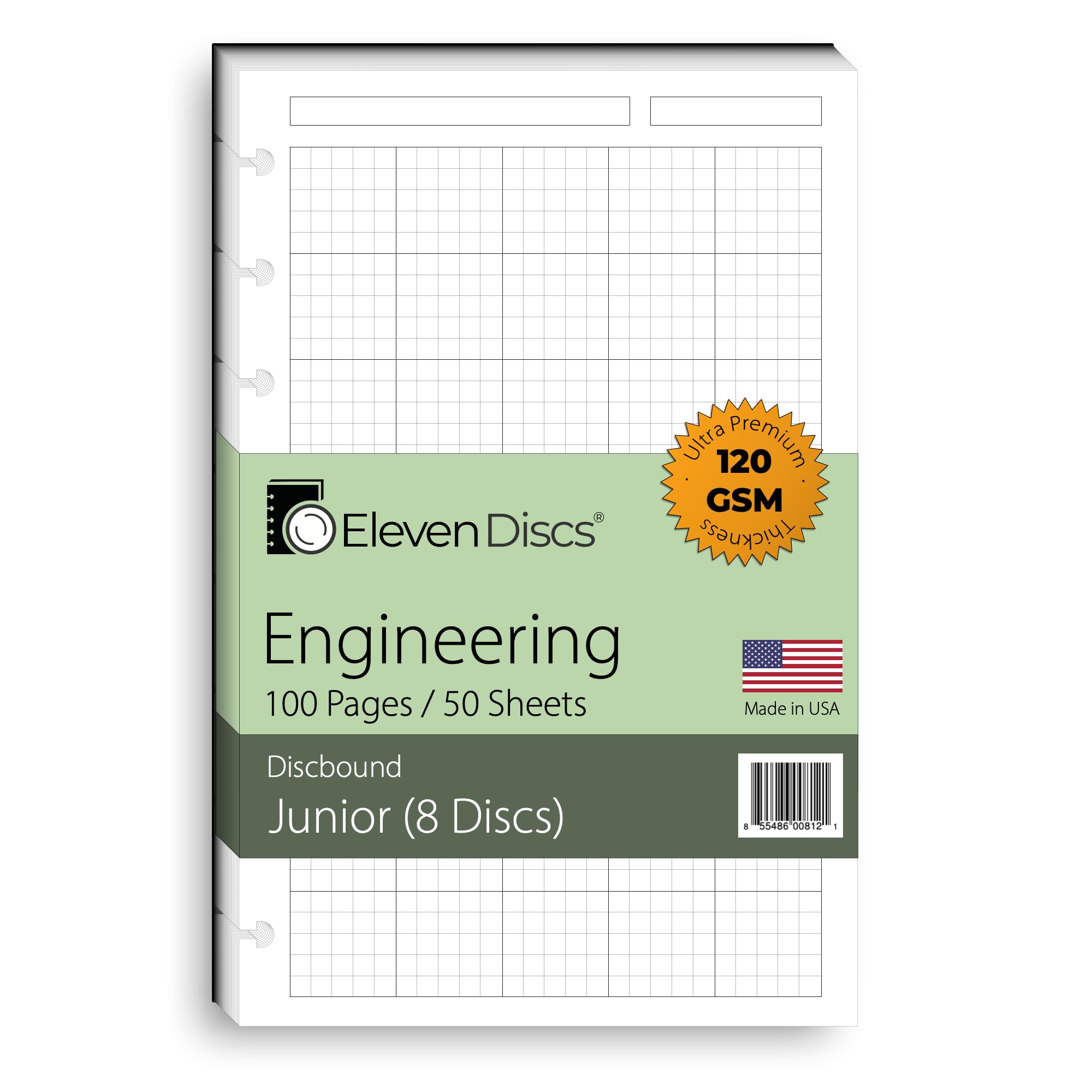 Eleven Discs Discbound Paper, Junior Size Engineering Grid Sheets - Premium 120Gsm Heavyweight Notebook & Planner Refills - 8 Di