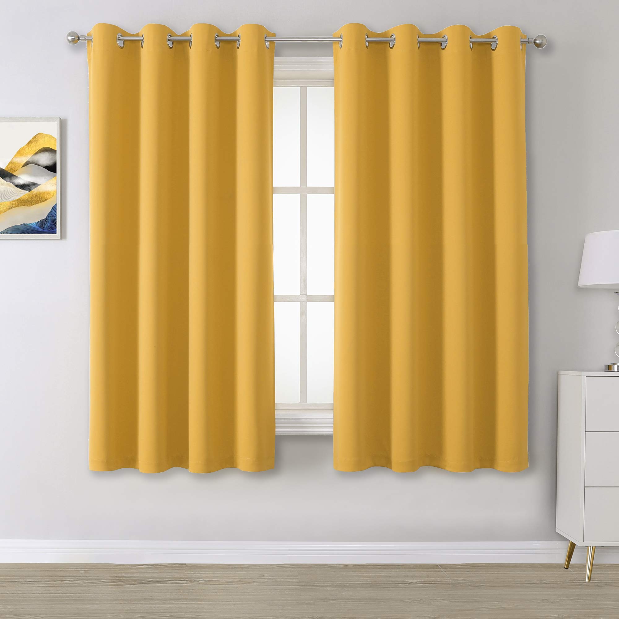 Dualife Yellow Curtains 45 Inches Long Blackout Curtain Panels For Bedroom Room Darkening Gold Window Drapes Thermal Insulated G