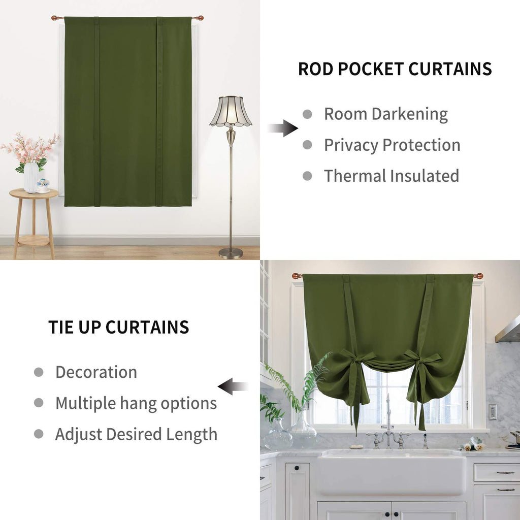 Dwcn Blackout Curtains-Tie Up Shade For Window Thermal Insulated Room Darkening Rod Pocket Curtains For Kitchen, Olive Green, W4