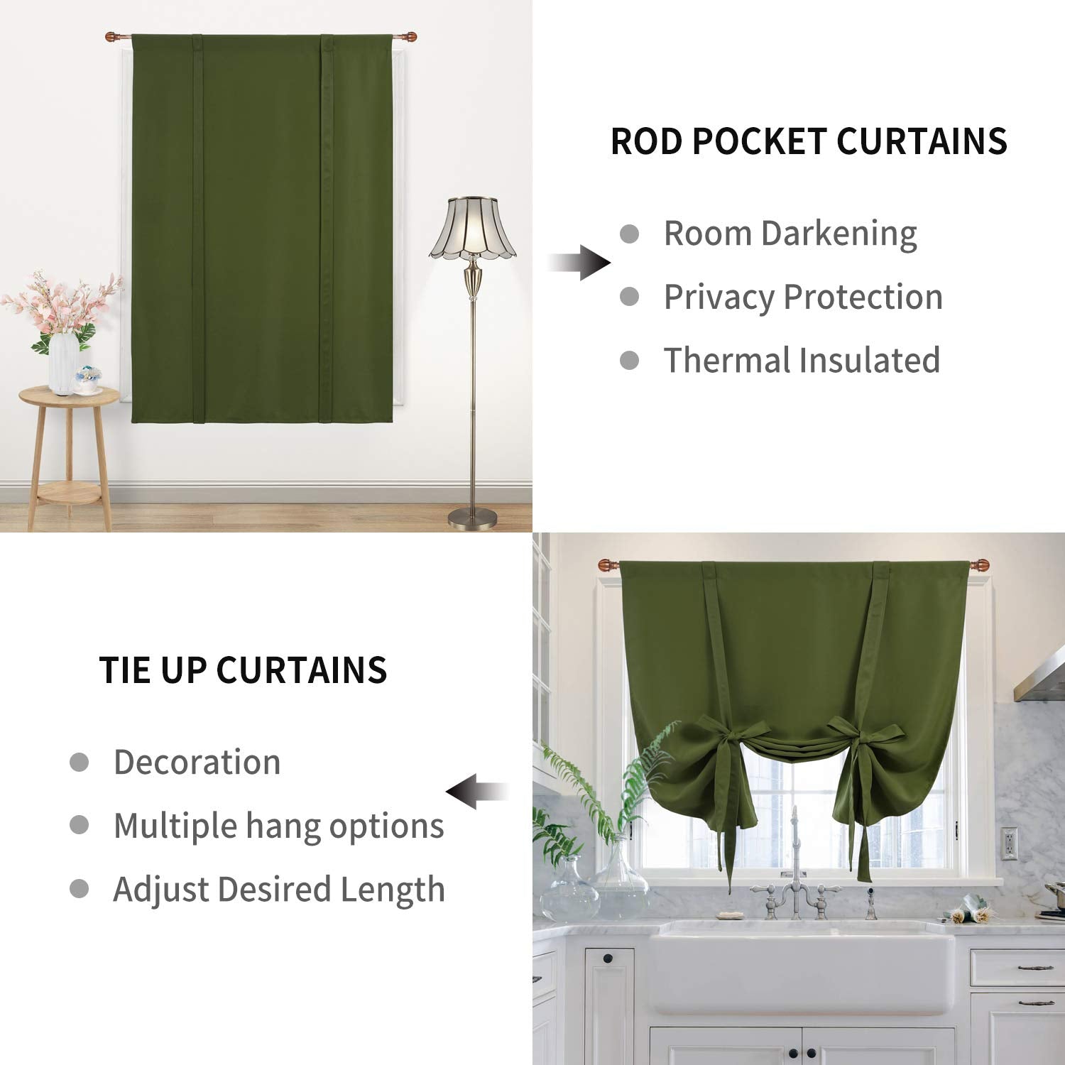 Dwcn Blackout Curtains-Tie Up Shade For Window Thermal Insulated Room Darkening Rod Pocket Curtains For Kitchen, Olive Green, W4