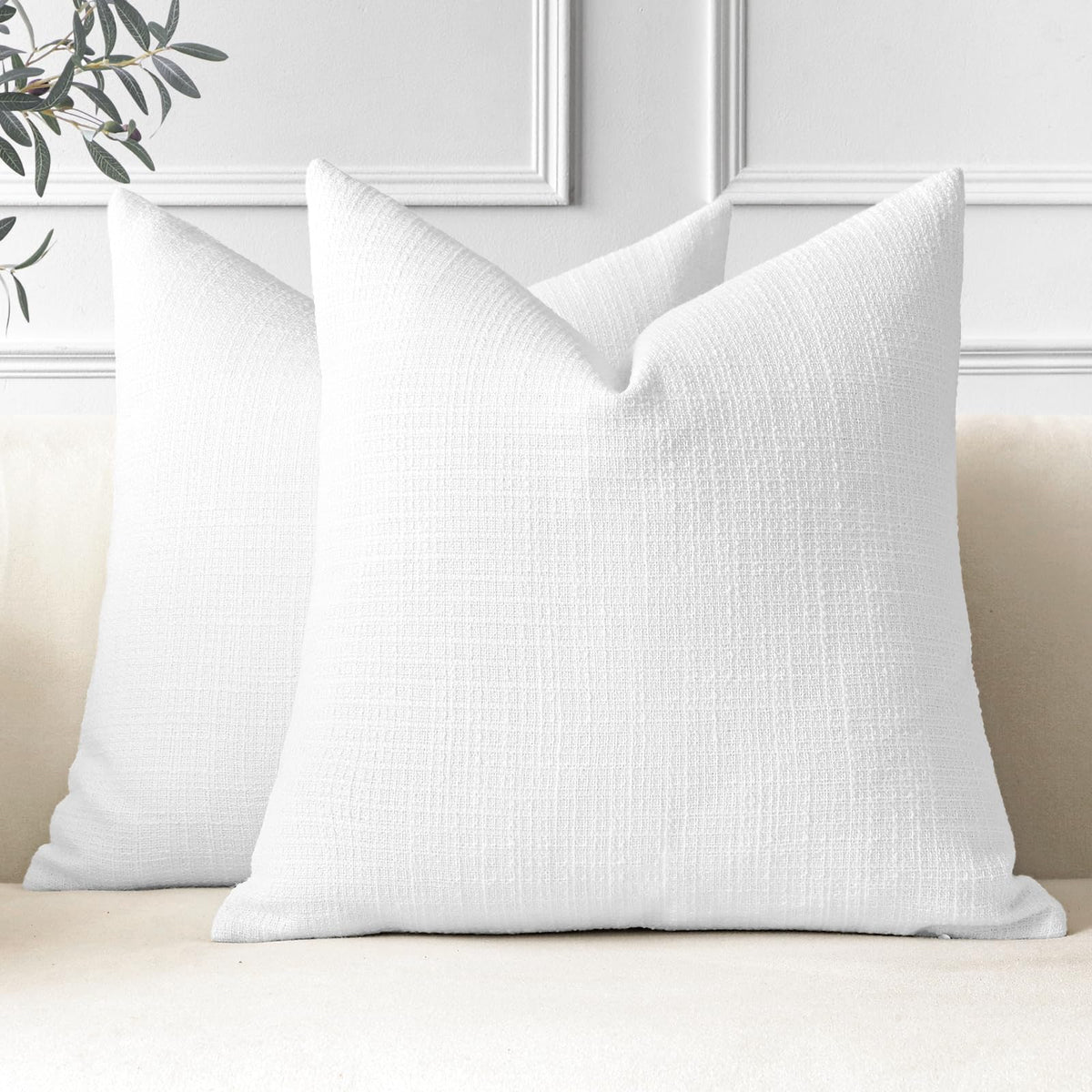 Otostar Pack Of 2 Throw Pillow Covers 24X24 Inch Linen White Pillowcases Farmhouse Decorative Solid Pillow Covers 60X60 Cm Squar