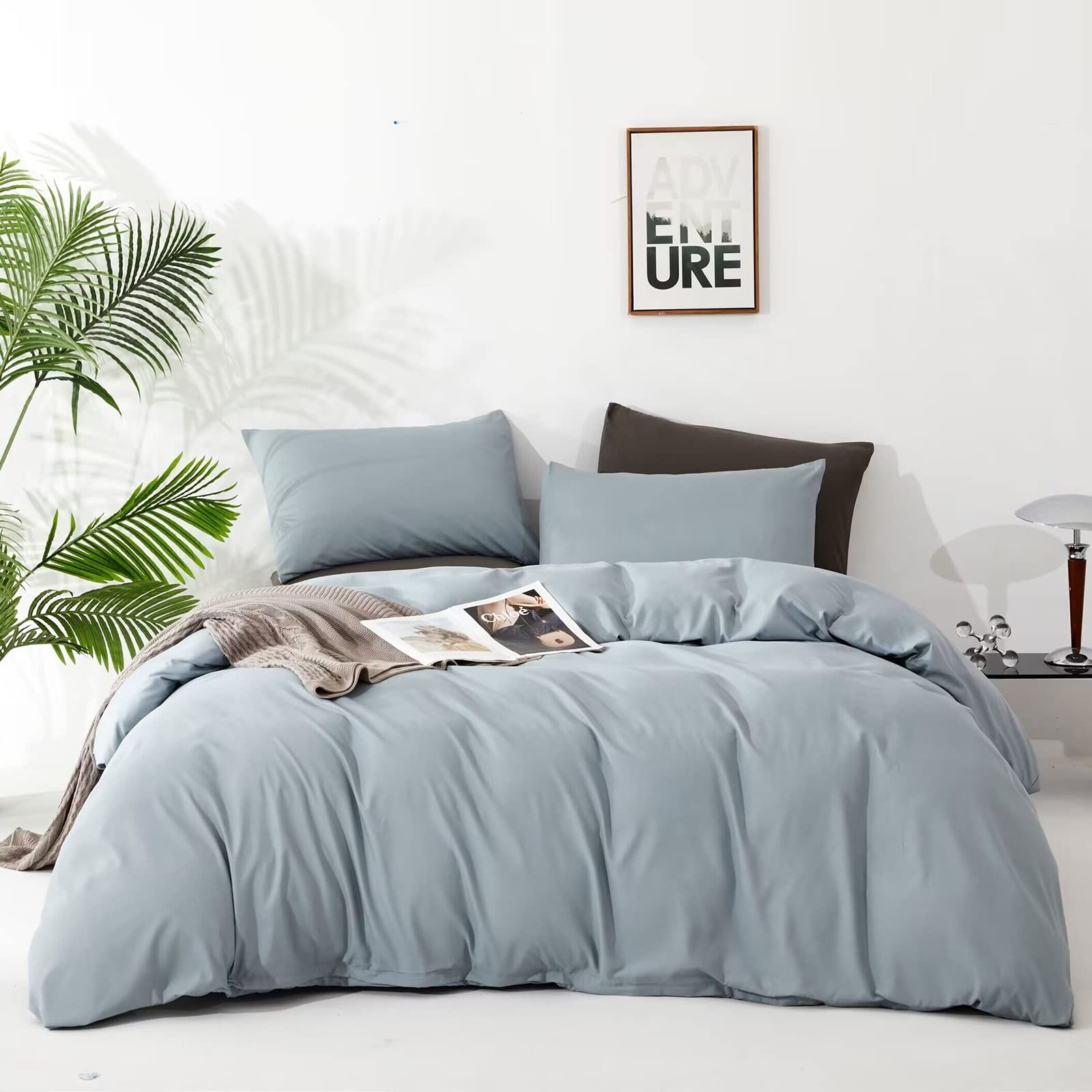 Luxlovery Blue Comforter Set Twin Dusty Blue Bedding Comforter Set Haze Blue Minimalist Bedding Set Cotton Soft Breathable Blank