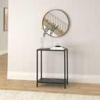 vidaXL Contemporary Black Console Table with Shelf, Tempered Glass and Powder-Coated Steel Material, Sturdy Side/End Table with Marble Texture, 23.6"x13.8"x29.5"