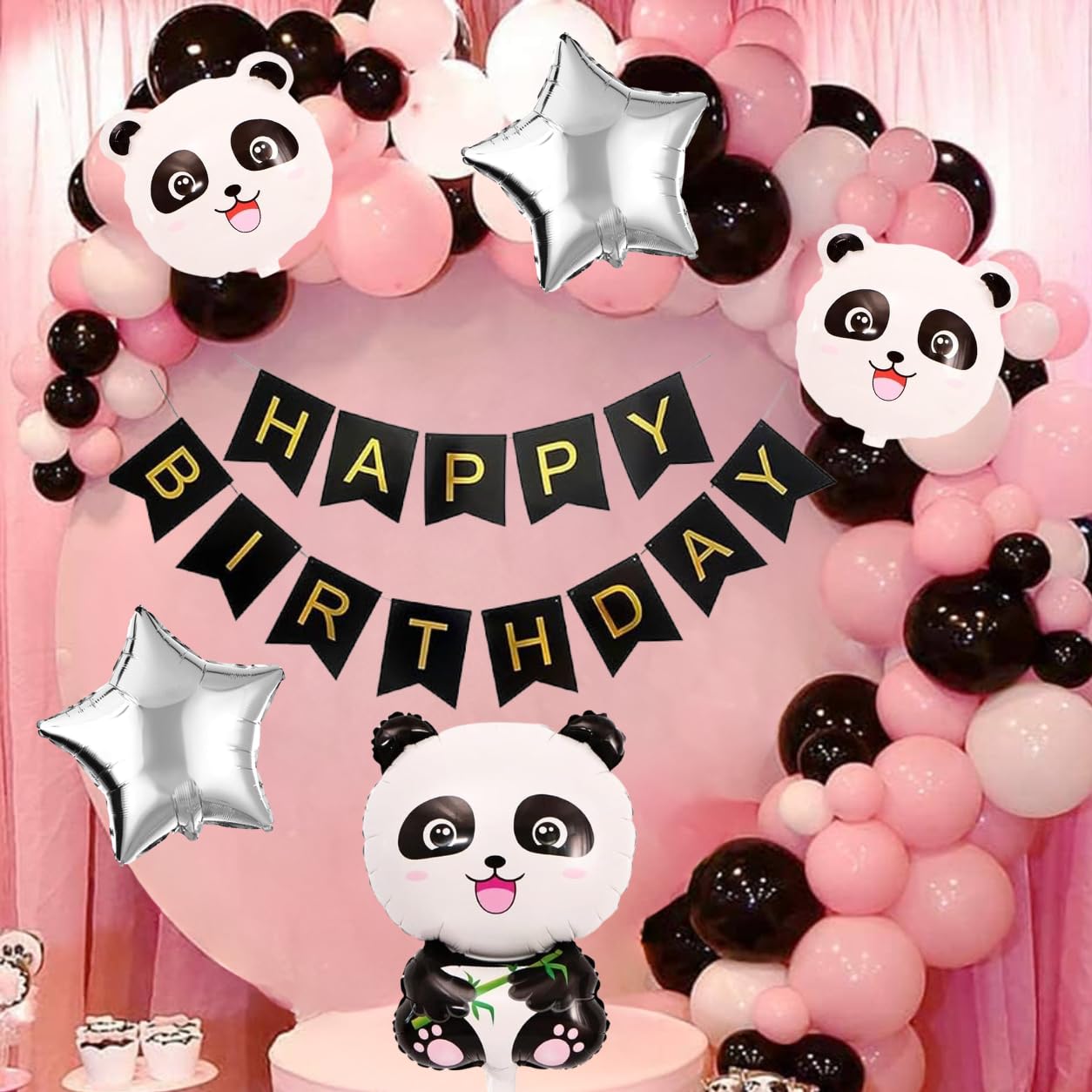 Fi  Flick In 53 Pcs Happy Birthday Panda Theme Decoration Pink, Black & White Balloons Decorations For Girls