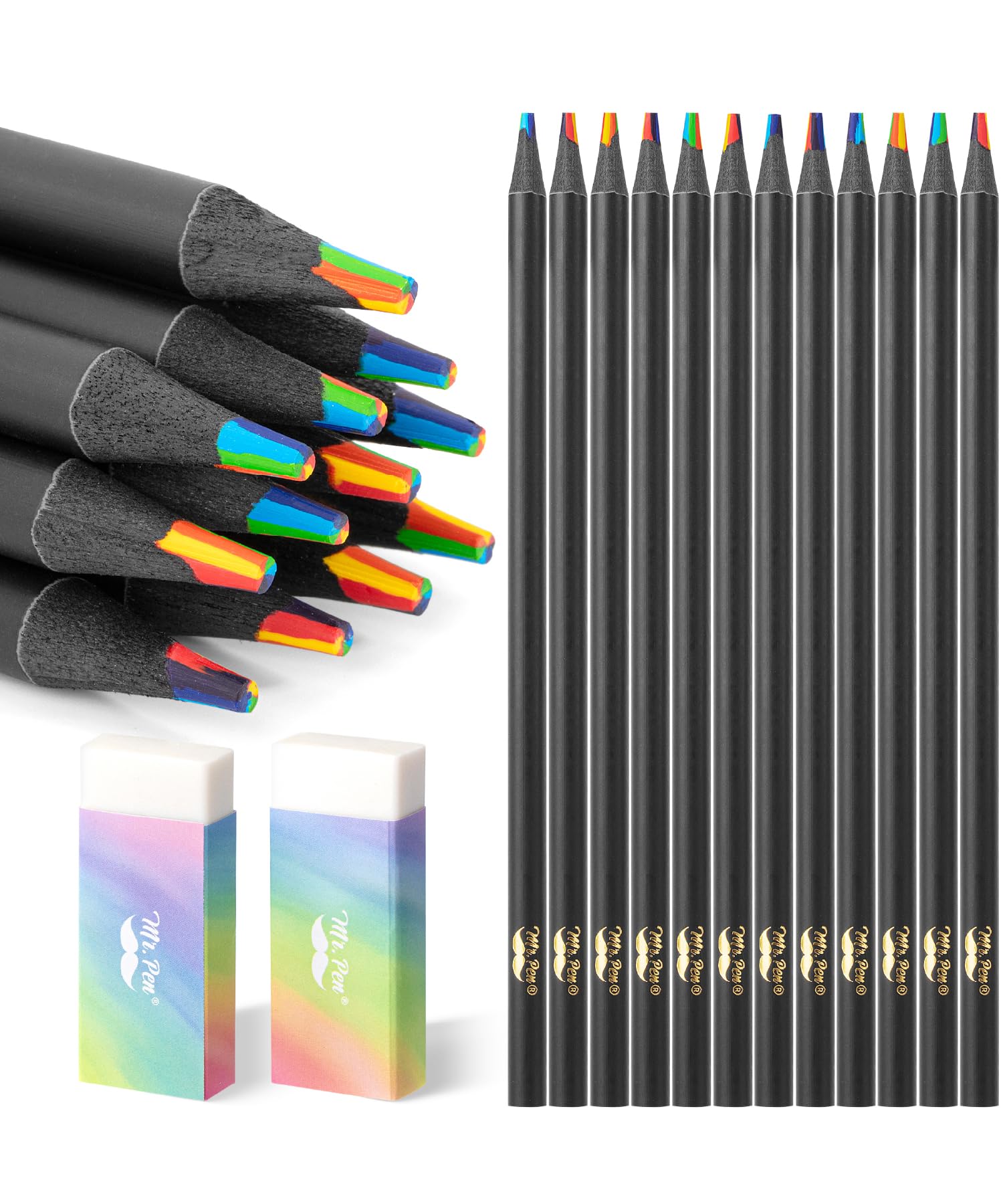 Mr. Pen- Easter Basket Essentials, Rainbow Pencils, 12 Pcs, 2 Pencil Erasers, 7 Color In 1 Colored Pencil