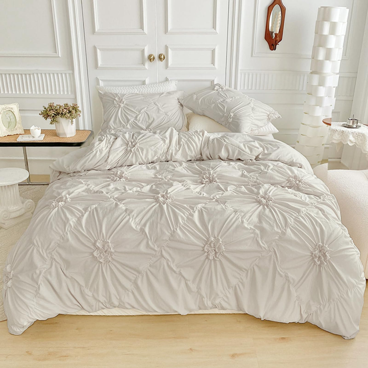 Rvciby Linen Grey Flower Duvet Cover Full Size,3Pcs Soft Microfiber Bedding Set,Boho Textured Geometric Pattern Duvet Cover With