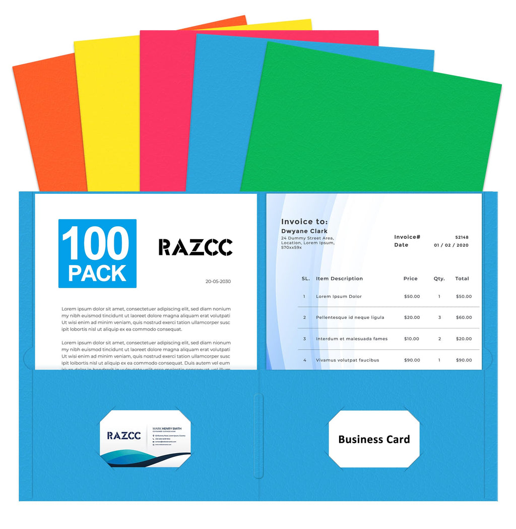 Two Pocket Folders, Razcc 100 Pack File Folders With Pockets Fit Letter Size Paper, Thick Paper File Folder For School Office Bu