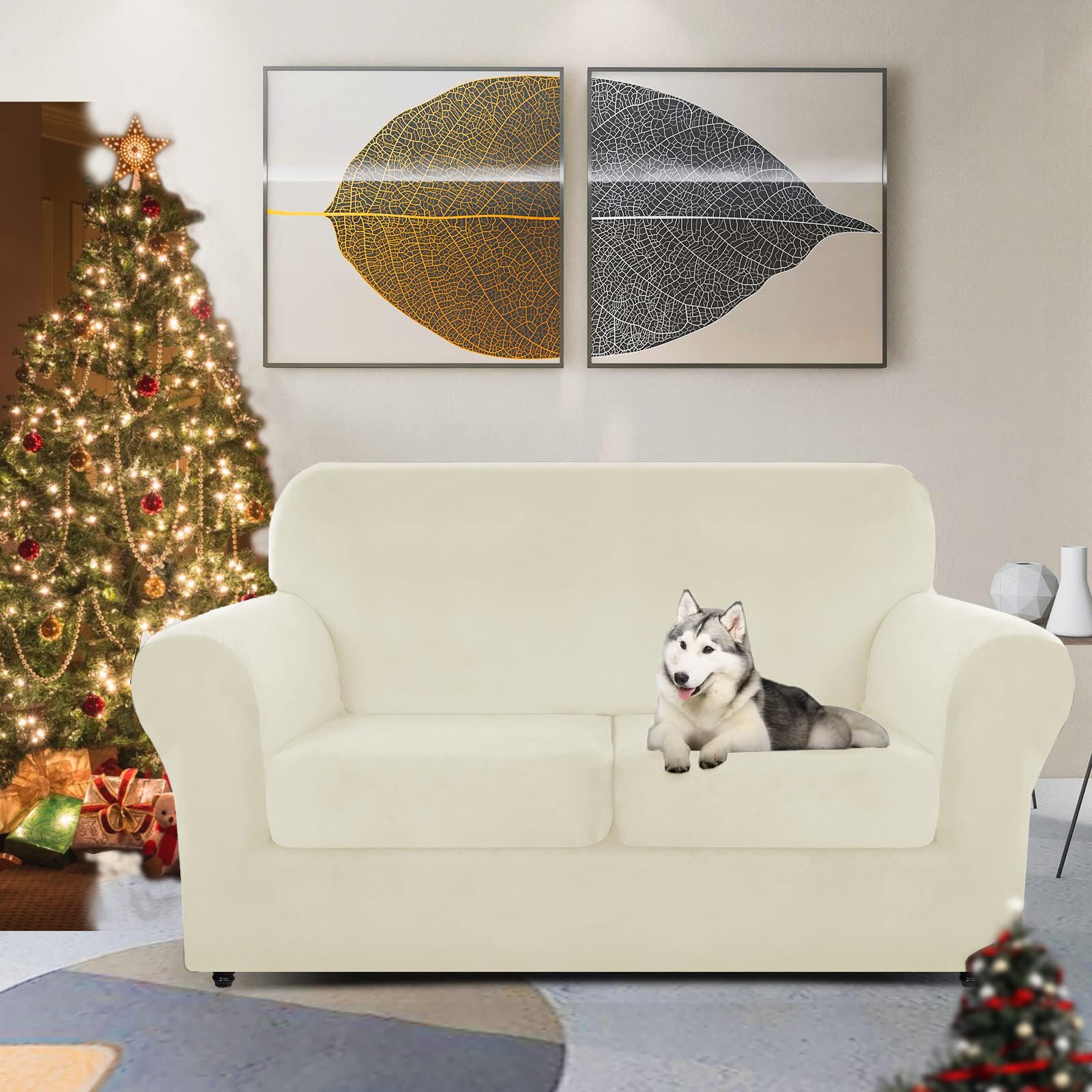 Znsayotx Luxury Velvet Sofa Cover 3 Piece (57'-70') Stretch Loveseat Covers For 2 Cushion Couch Thick Soft Couch Slipcover With Non Slip Strap, Dog Pet Friendly Nice Furniture Protector (Beige)